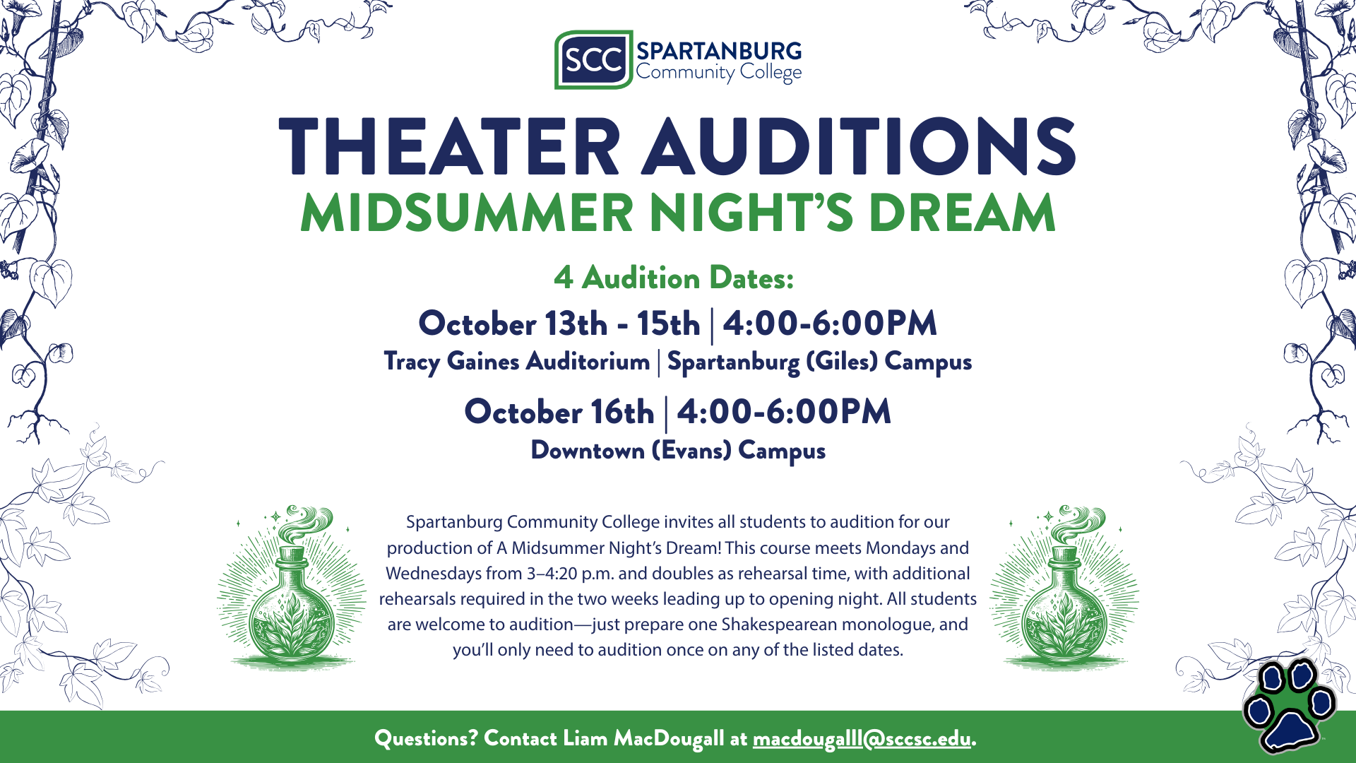Graphic for theater auditions for Midsummer Night's Dream 2025