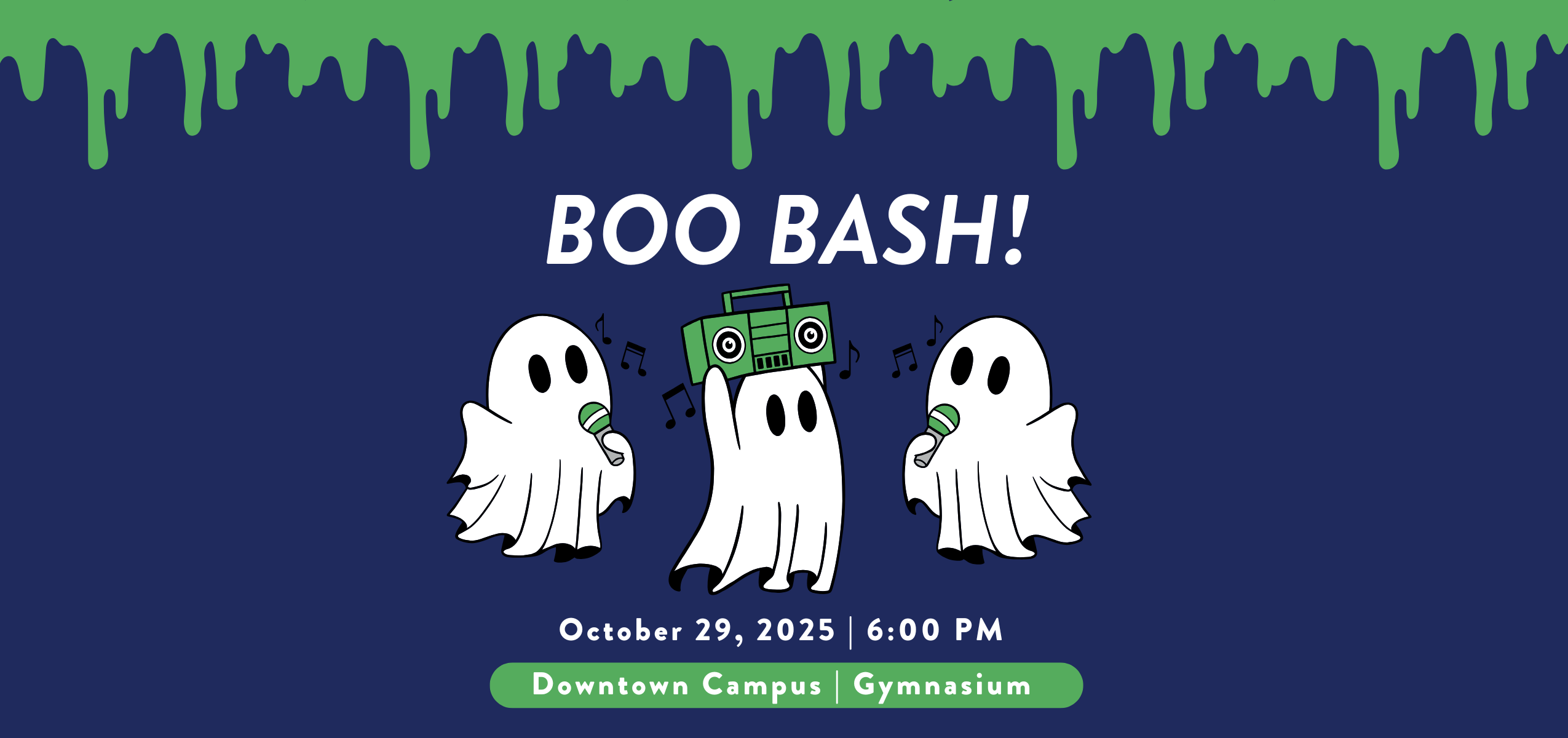 Graphic of dancing ghosts for the Boo Bash event on October 29, 2025