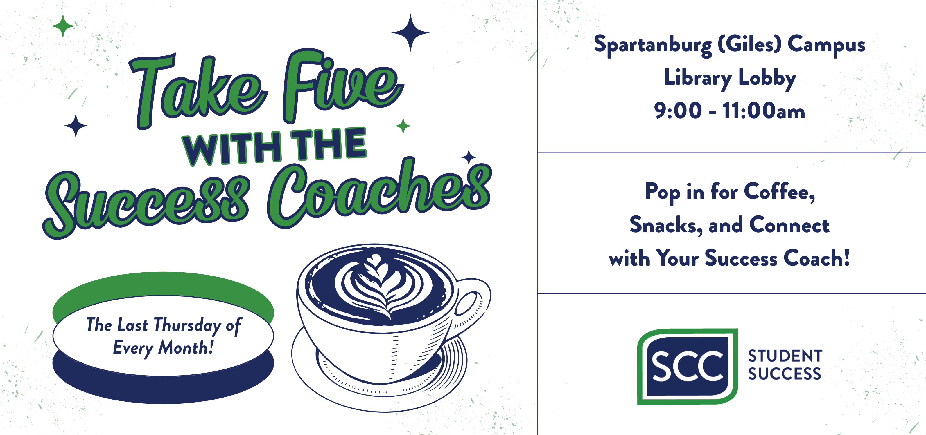 Graphic for the Take Five with Success Coaches events