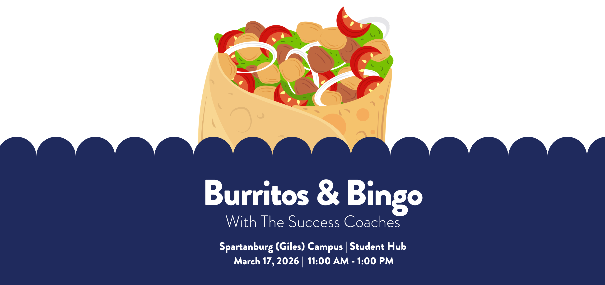 An illustration of a large burrito filled with meat, tomatoes, and onions sits atop a dark blue scalloped border. Below, white and light blue text on the blue background announces an event titled 