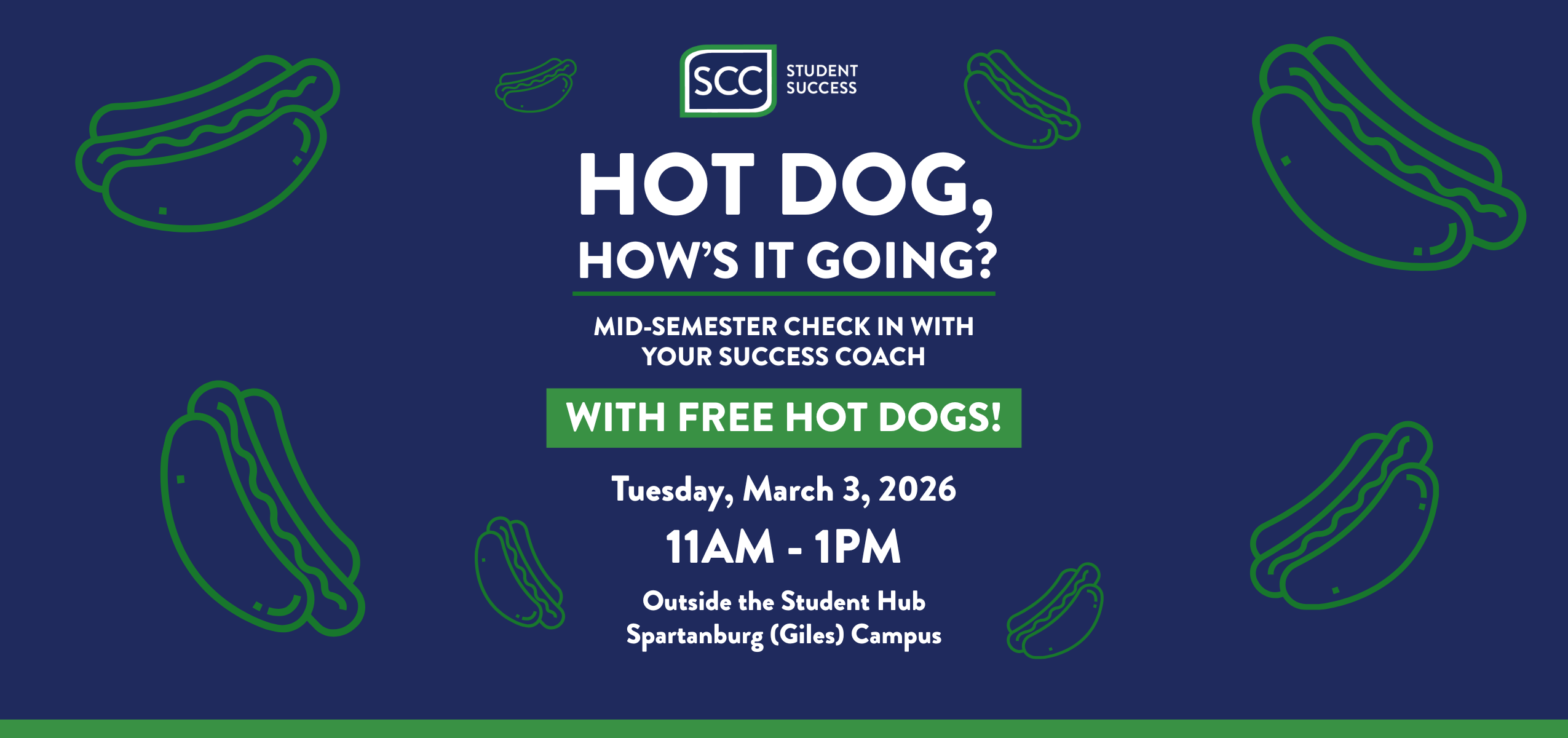 Graphic for the Hot Dog, How's It Going? event taking place March 3 2026 at the Student Hub