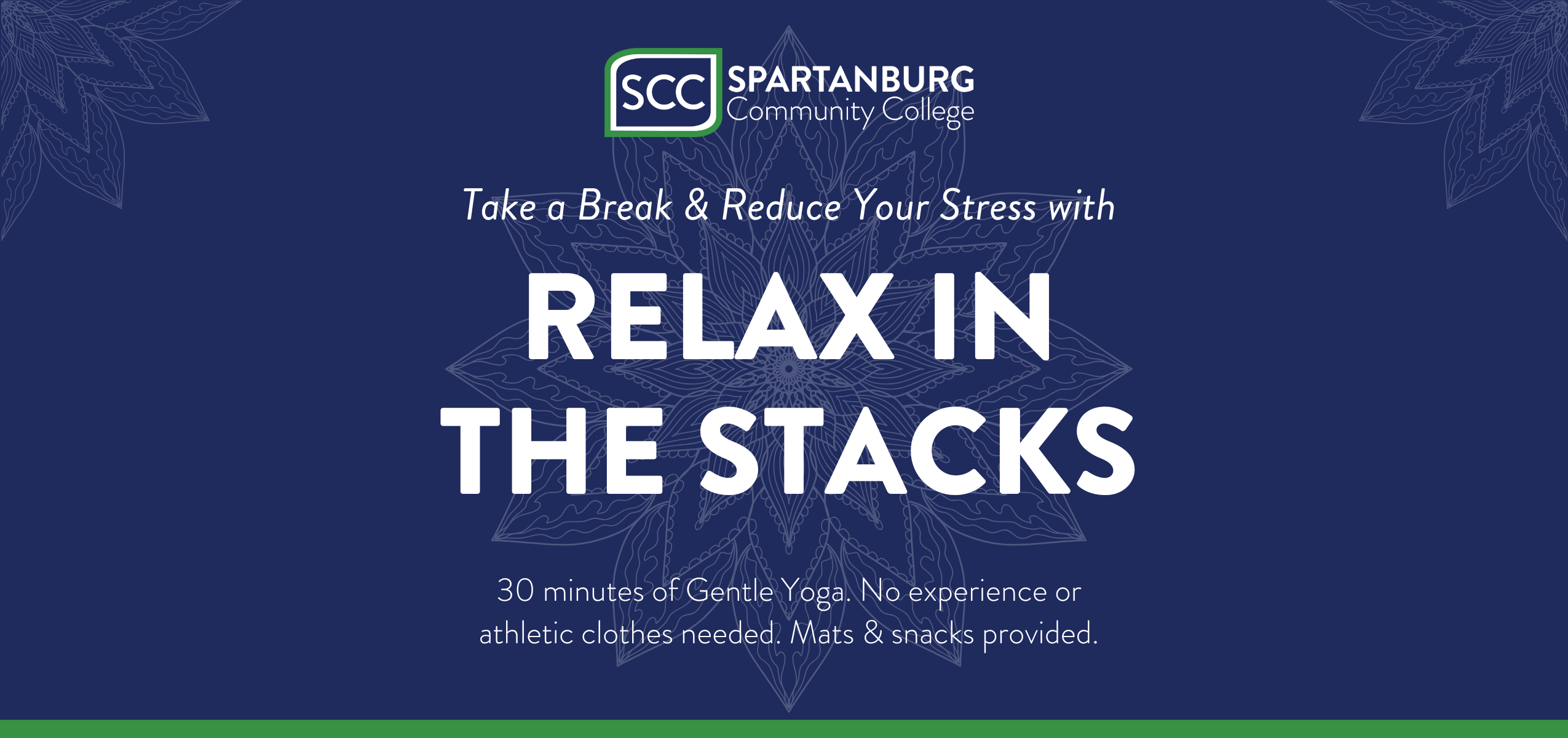 A graphic for the Relax in the Stacks event that takes place on February 18th from 2:00pm-2:30pm at the Giles Campus library.