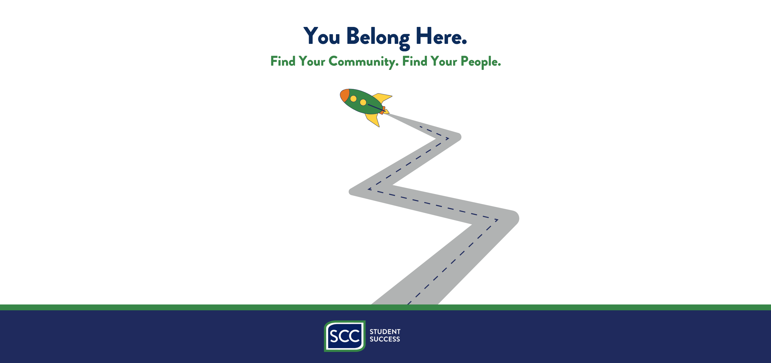 A graphic featuring a winding grey road that zigs and zags upward, ending at a small cartoon rocket ship launching into the sky. The rocket is green with orange fins and a yellow exhaust trail. At the top, blue and green text reads, 