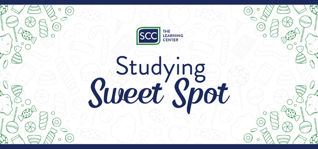 Promotional graphic for SCC The Learning Center featuring the headline “Studying Sweet Spot” in large blue lettering. The SCC The Learning Center logo appears above the title. The background is light gray with faint outlines of candy and sweets, including candy canes, lollipops, wrapped candies, and hearts. Decorative green candy illustrations frame the left and right edges, with dark blue borders
