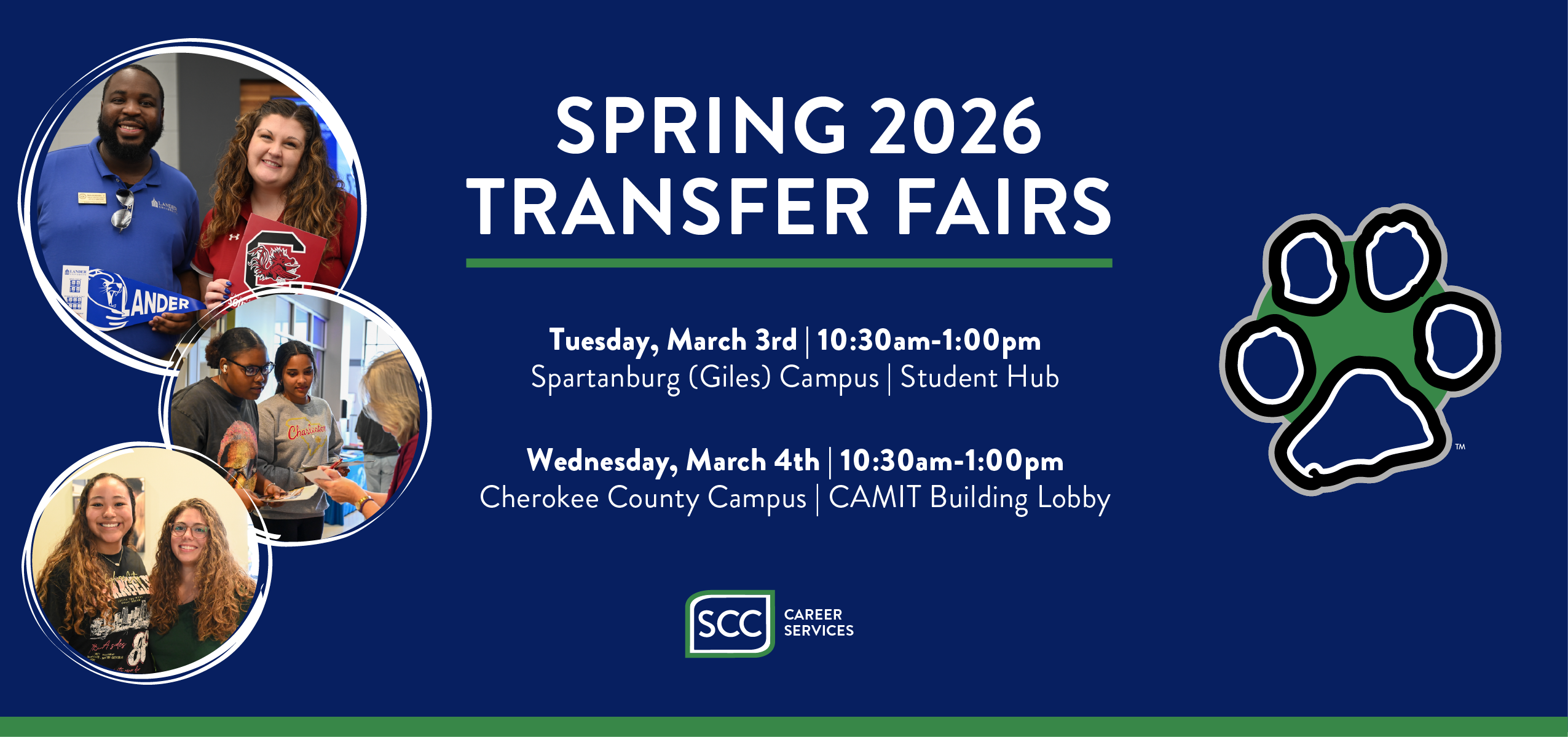Graphic promoting Spring 2026 Transfer Fairs with photos of students meeting university representatives, event dates March 3 at Spartanburg (Giles) Campus Student Hub and March 4 at Cherokee County Campus CAMIT Building Lobby, hosted by SCC Career Services.