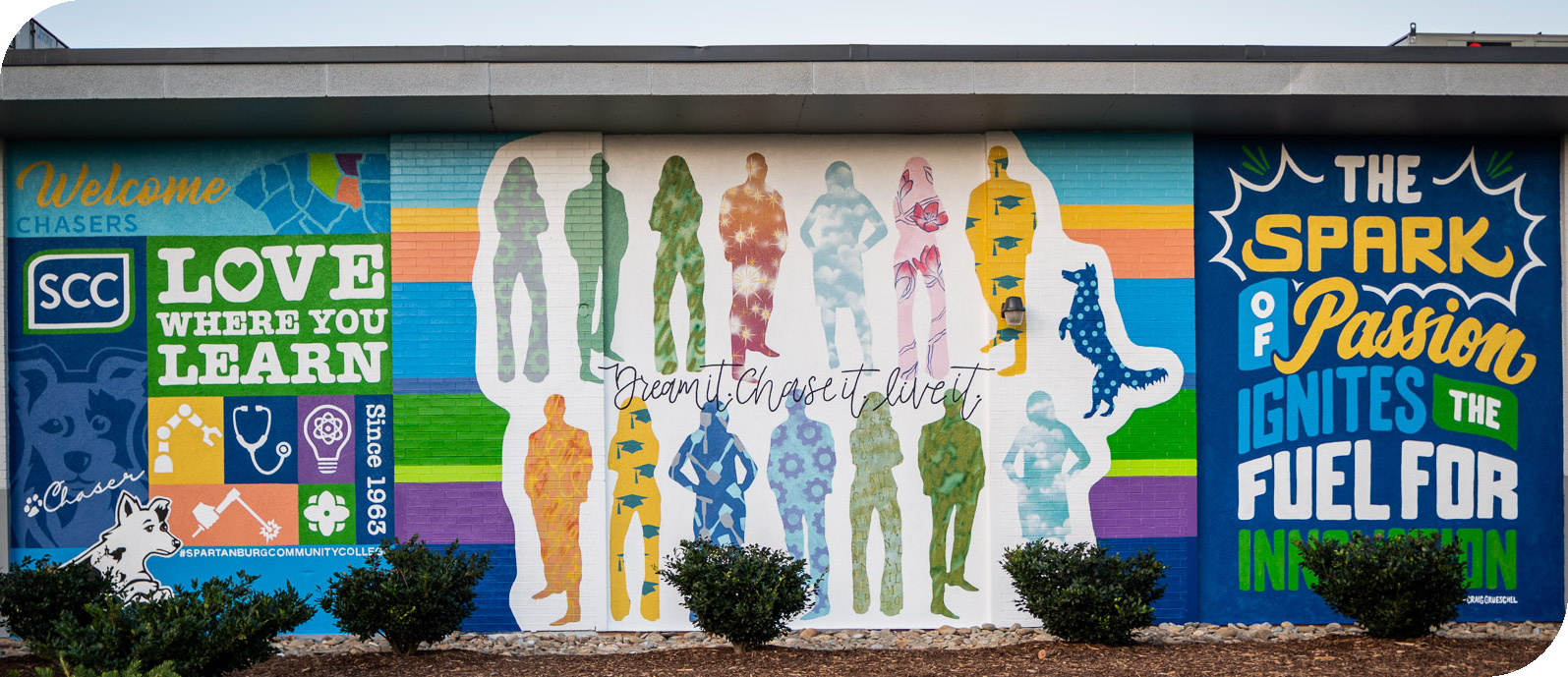 This vibrant mural, located on the P. Dan Hull building at Spartanburg Community College's (SCC) Giles Campus, was unveiled in June 2022. It was a collaborative project by local artists Maggie Macdonald, Jeremy Kemp, Stephen Long, and SCC alumnus Adrian Meadows to celebrate education, community, and innovation.
