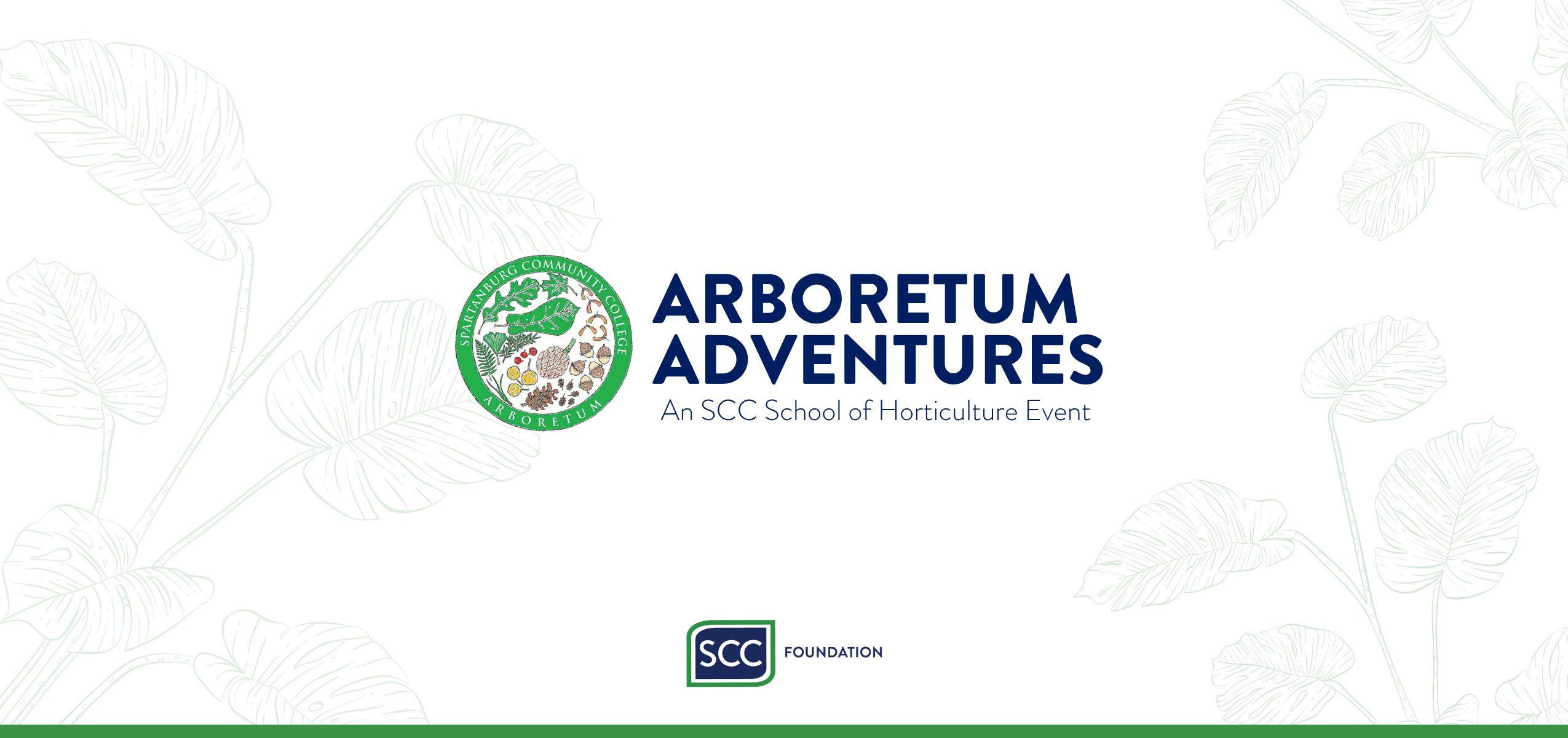 Banner for 'Arboretum Adventures,' an SCC School of Horticulture event sponsored by the SCC Foundation, featuring a circular green logo and faint leaf outlines.