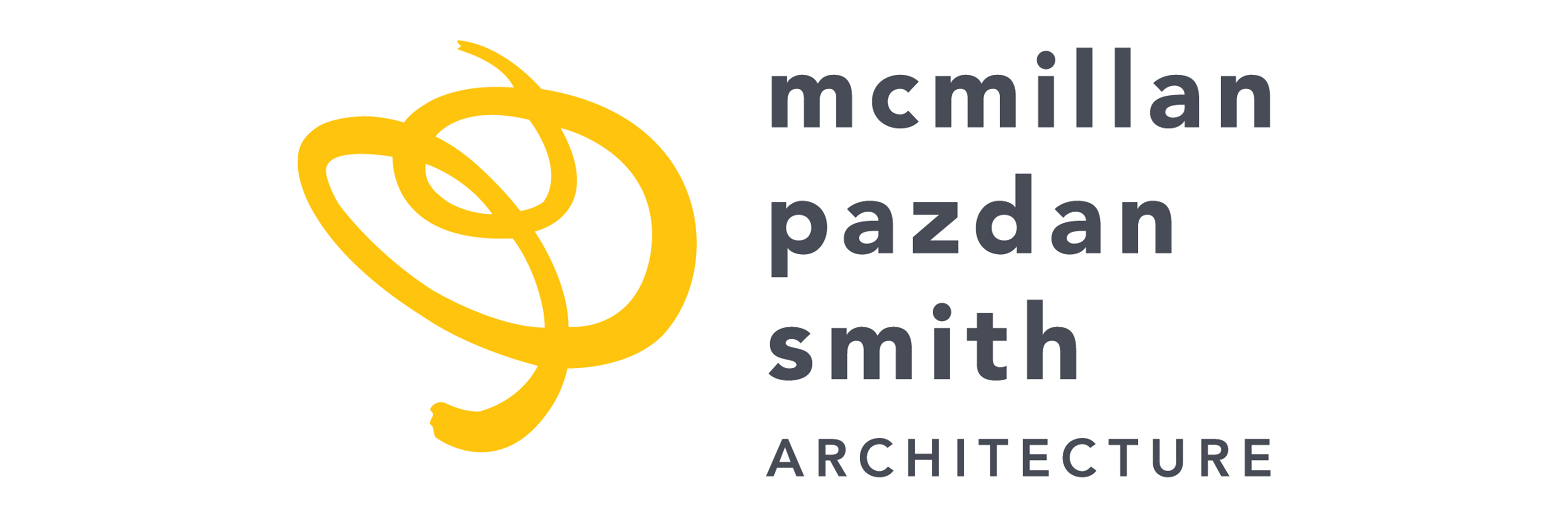 A corporate logo on a solid white background featuring a bright yellow abstract scribbled line graphic on the left, which loops around to resemble a stylized artistic sketch or fluid gesture. To the right of the icon, the text