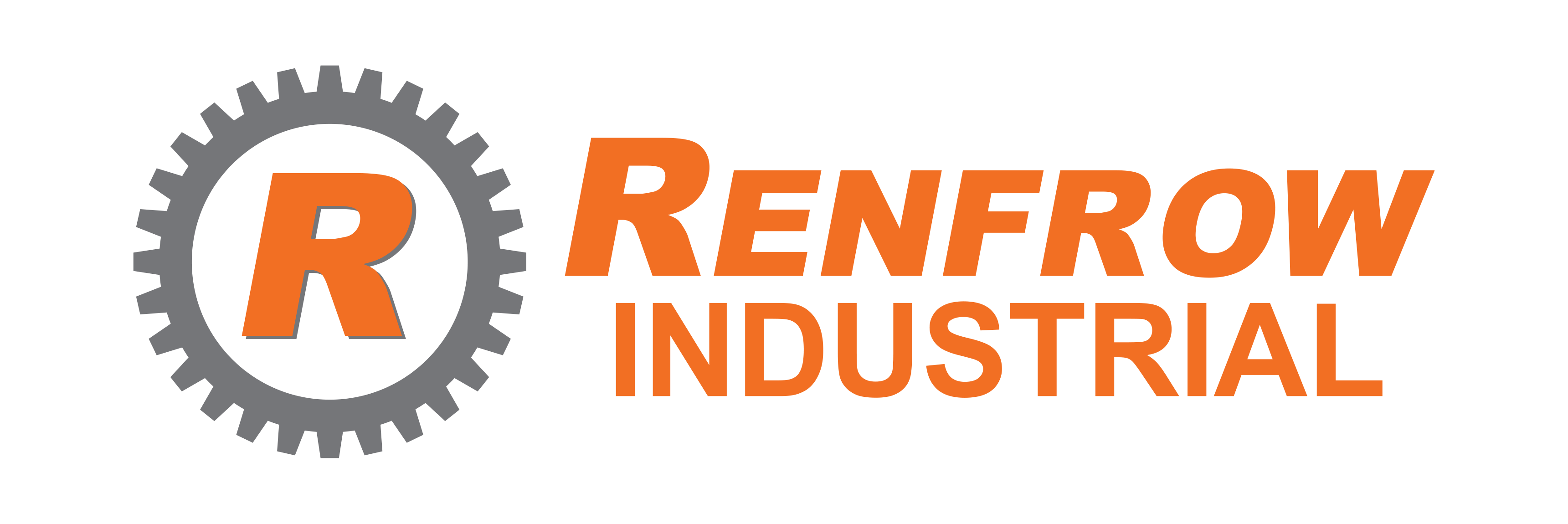 A company logo on a solid white background featuring a circular grey industrial gear icon on the left. At the center of the gear, a large capital letter