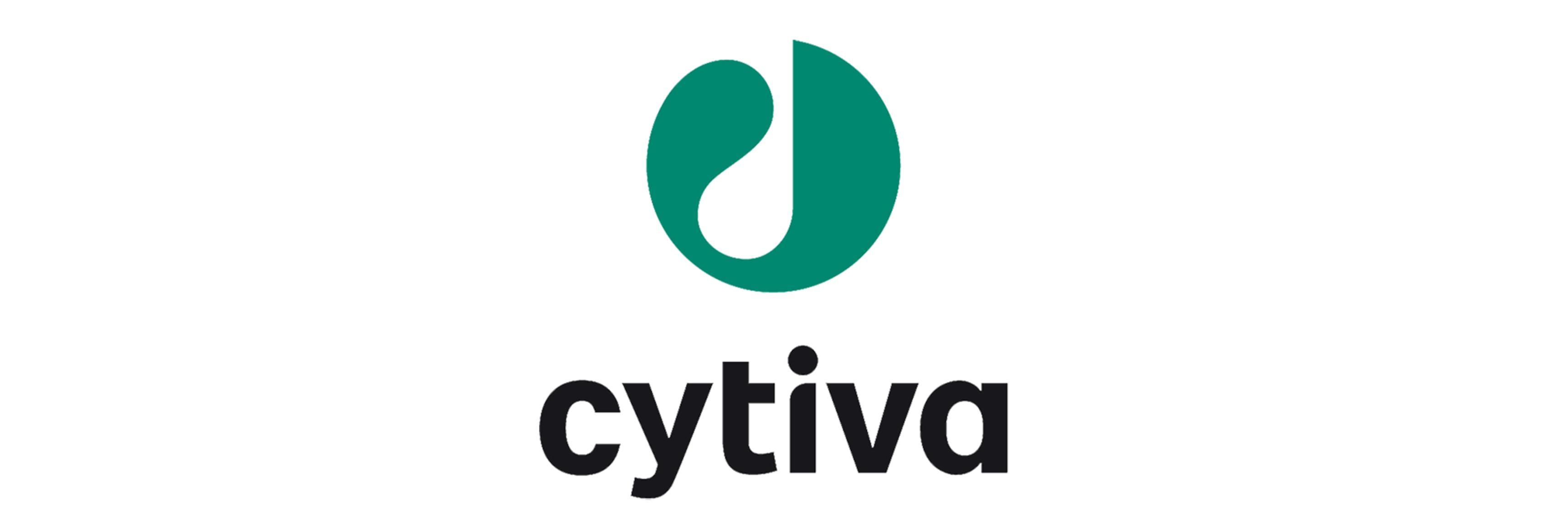 A company logo on a solid white background featuring a circular teal graphic symbol at the top. The icon resembles a stylized droplet or a curved teardrop shape negative space cutout on the left, forming an abstract musical note or fluid dynamic shape. Below the green icon, the word