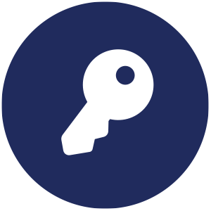 Circular icon with a dark blue background featuring a white key symbol at the center, including a rounded head and a single tooth. The simple design represents access, security, or authentication.