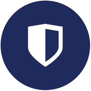 ircular icon with a dark blue background featuring a white shield symbol at the center, designed with a simple split shape to represent protection and security.