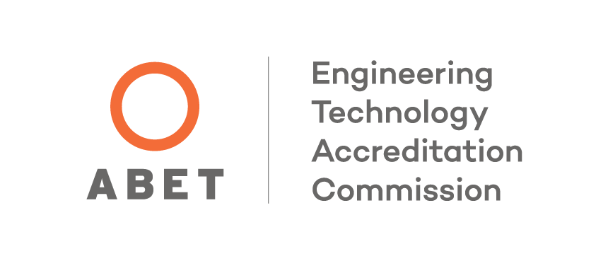 Logo for ABET (Accreditation Board for Engineering and Technology) featuring an orange circular symbol on the left and the letters “ABET” in gray. To the right, the text reads “Engineering Technology Accreditation Commission,” presented on a light gray background.