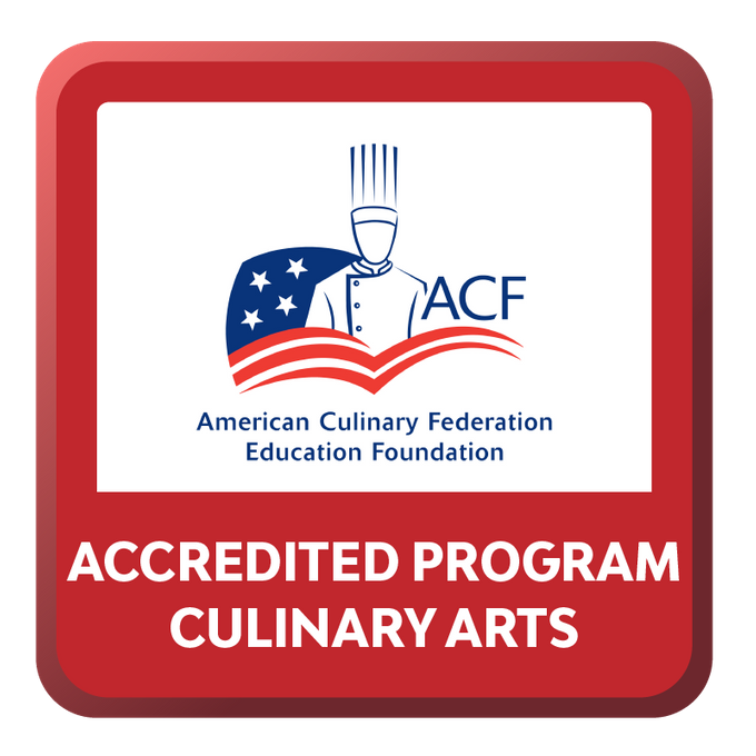 Accreditation badge from the American Culinary Federation Education Foundation displaying the ACF logo with a chef hat and stylized flag graphic above the text “ACCREDITED PROGRAM CULINARY ARTS.” The badge features a red border with blue and red design elements on a light background.