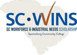SC WINS logo displayed over a light gray silhouette of the state of South Carolina, featuring bold blue text “SC·WINS” with an orange checkmark integrated into the design, and smaller text below reading “SC Workforce & Industrial Needs Scholarship” and “Spartanburg Community College,” representing workforce development and education funding.