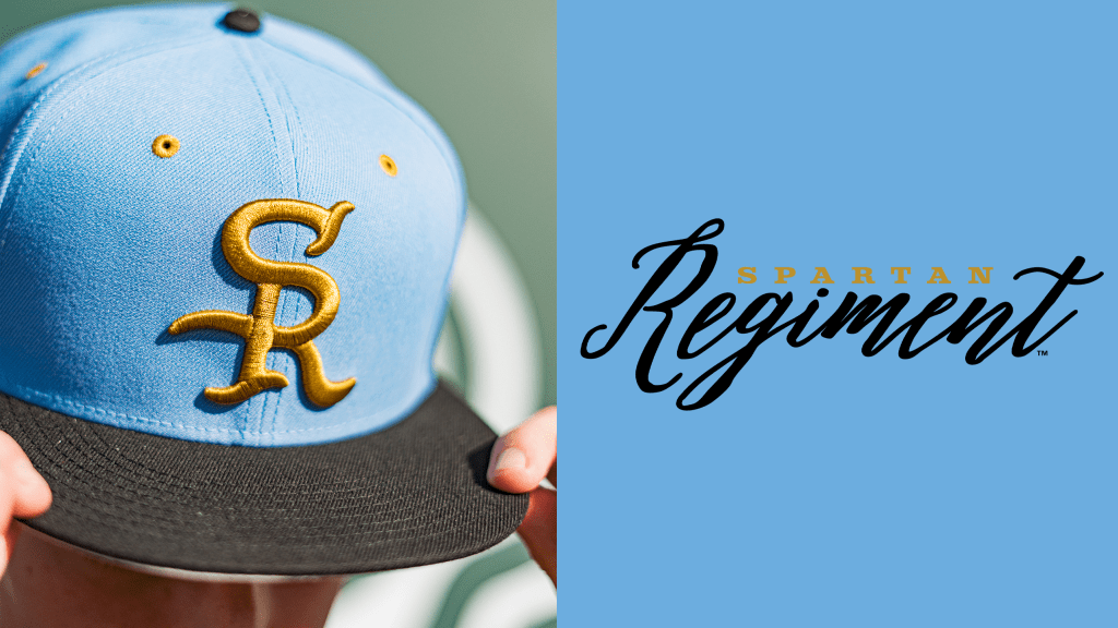 This image is a split-panel composition featuring a close-up of a light blue and black baseball cap with a gold 'SR' logo on the left, and the text 