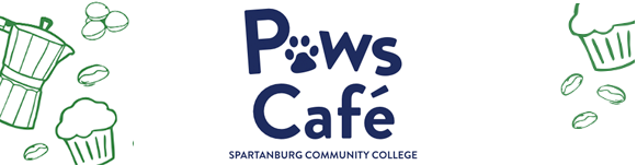 Paws Café banner at Spartanburg Community College featuring the café logo centered on a light background, surrounded by illustrated coffee-themed graphics including coffee beans, a cupcake, and a stovetop espresso maker, promoting the campus coffee shop and dining experience for students, faculty, staff, and visitors.