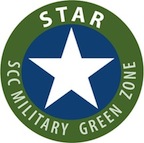 SCC Military Green Zone STAR logo displayed as a circular badge with a green outer ring and blue inner circle, featuring a large white star in the center, with surrounding text reading “SCC Military Green Zone,” representing a campus initiative supporting student veterans and military-affiliated individuals.