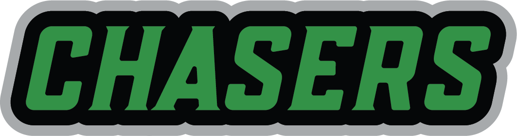 Bold typography graphic featuring the word “CHASERS” in large green uppercase letters with thick black outlining and a subtle white border, set against a light background, creating a strong and high-contrast athletic branding element associated with Spartanburg Community College.