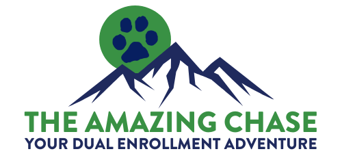 Promotional logo graphic for “The Amazing Chase” featuring a stylized mountain range with a green paw print above, and bold green and navy text reading “THE AMAZING CHASE” with a subtitle below stating “YOUR DUAL ENROLLMENT ADVENTURE,” set on a clean light background.