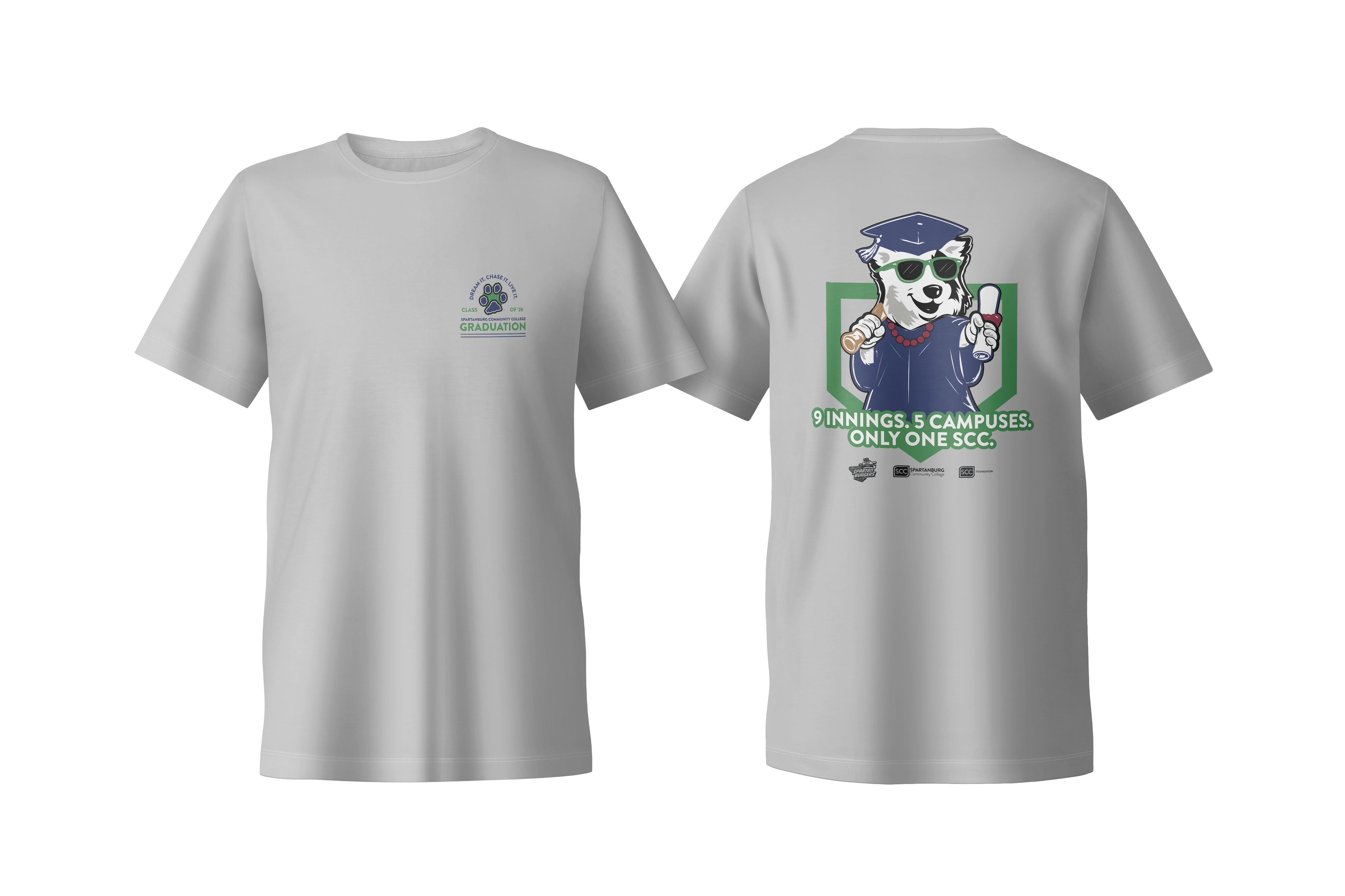An image showing the front and back of a light gray t-shirt featuring a 