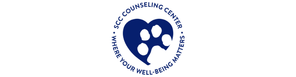 The image features a circular logo for the SCC Counseling Center [2]. A large, navy blue heart sits at the center, containing a white paw print cutout [2]. Surrounding the central graphic is the text 