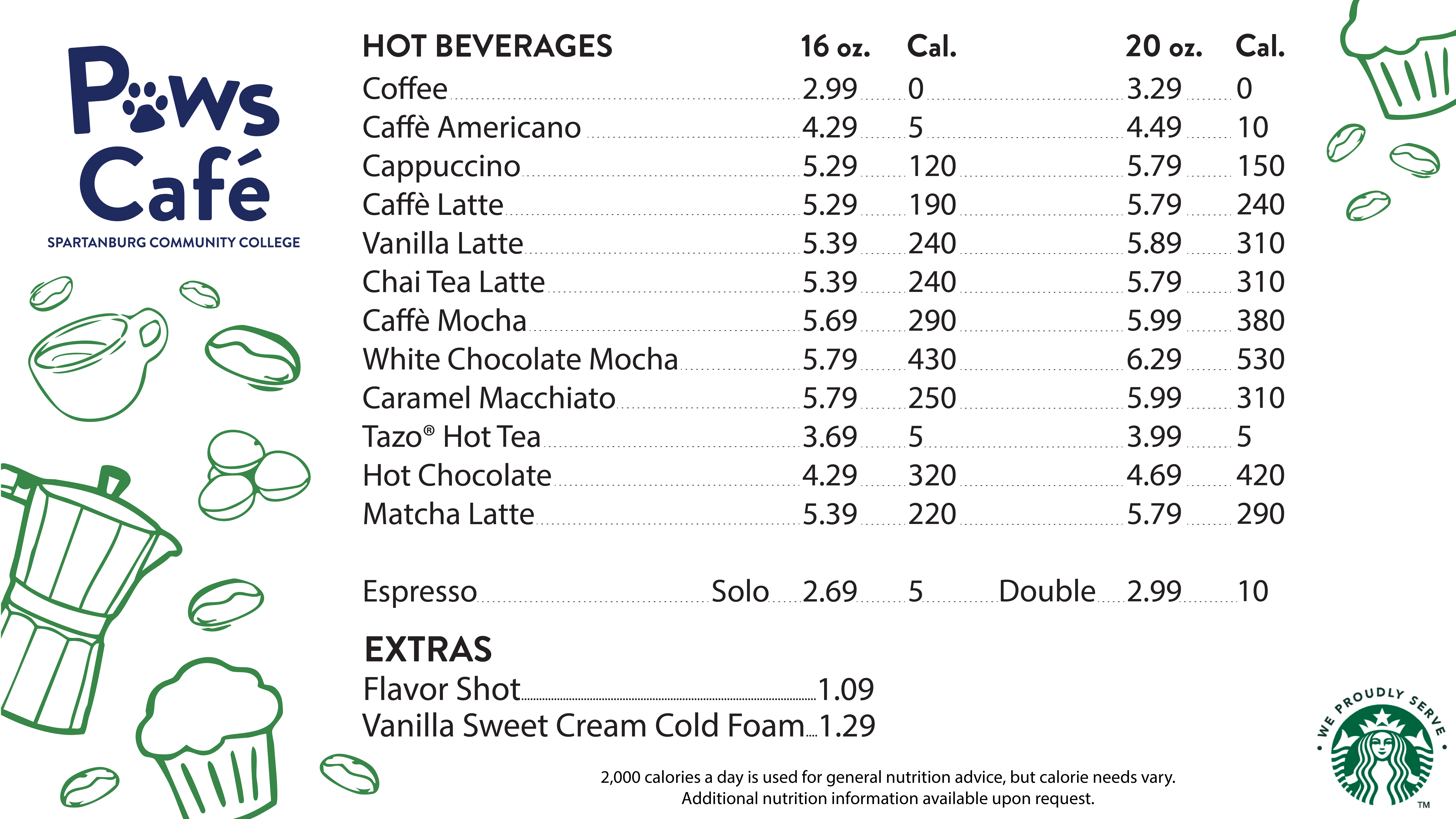 The image displays a multi-page menu for Paws Café at Spartanburg Community College, detailing hot and iced beverages, refreshers, and breakfast sandwiches (pp. 1-4). Each item is listed with its price and calorie count, featuring options like coffee, lattes, Frappuccinos, pastries, and egg and cheese sandwiches